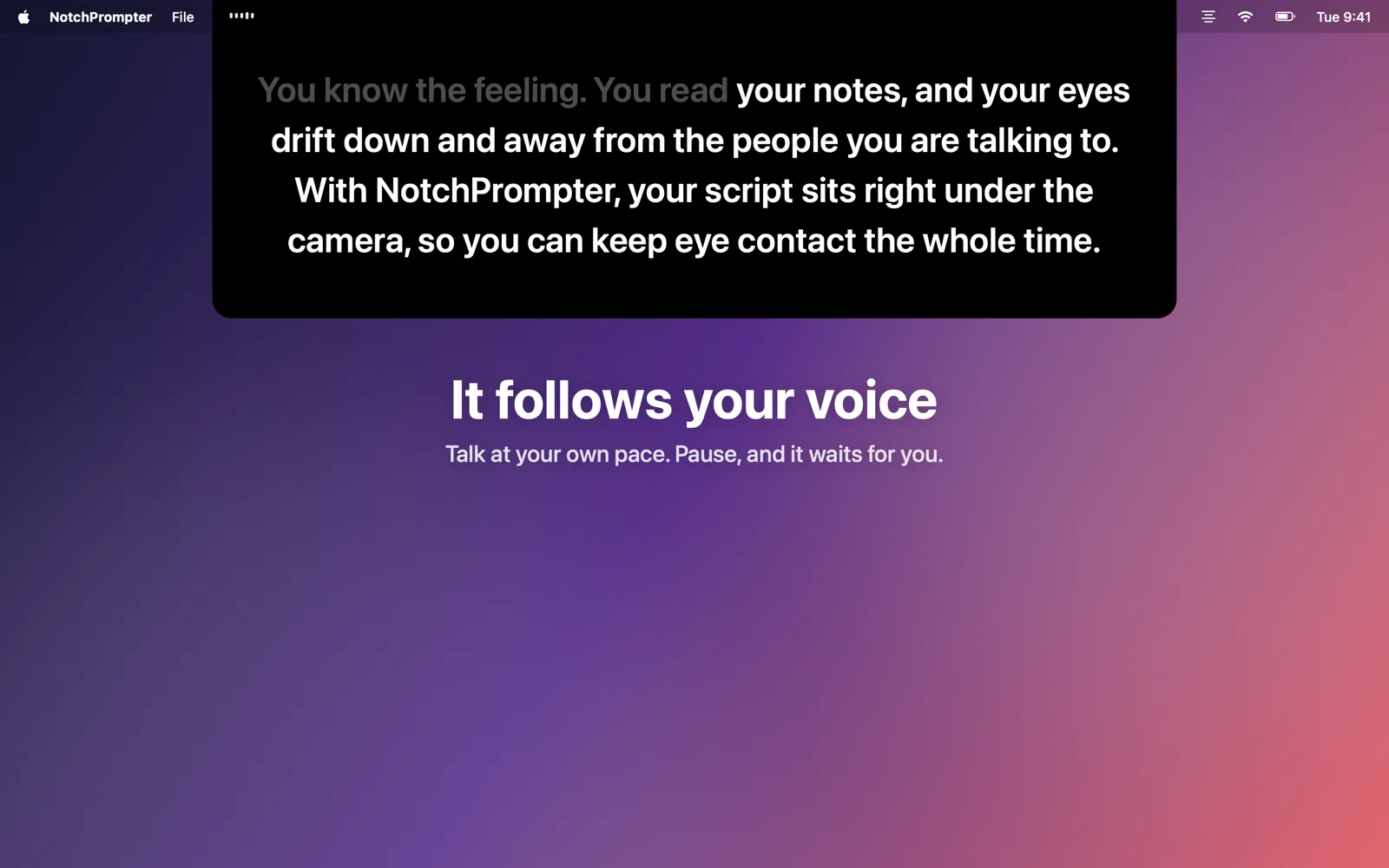 The prompter under the notch, following a spoken script.