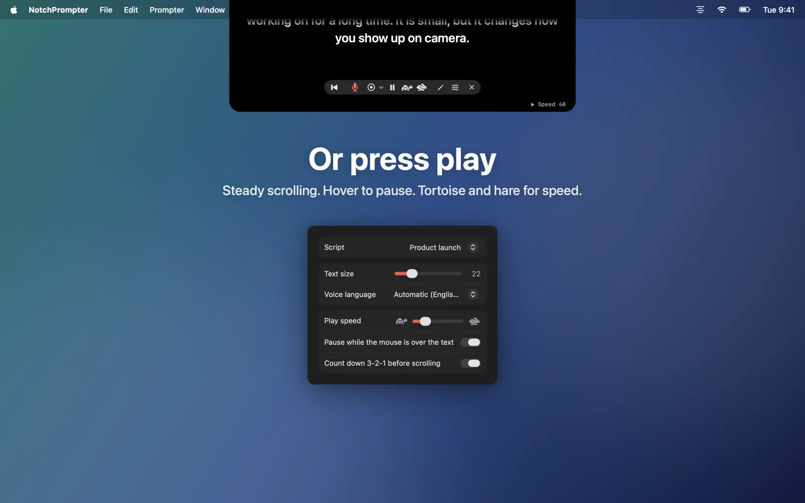 Play mode with speed buttons and the settings popover.