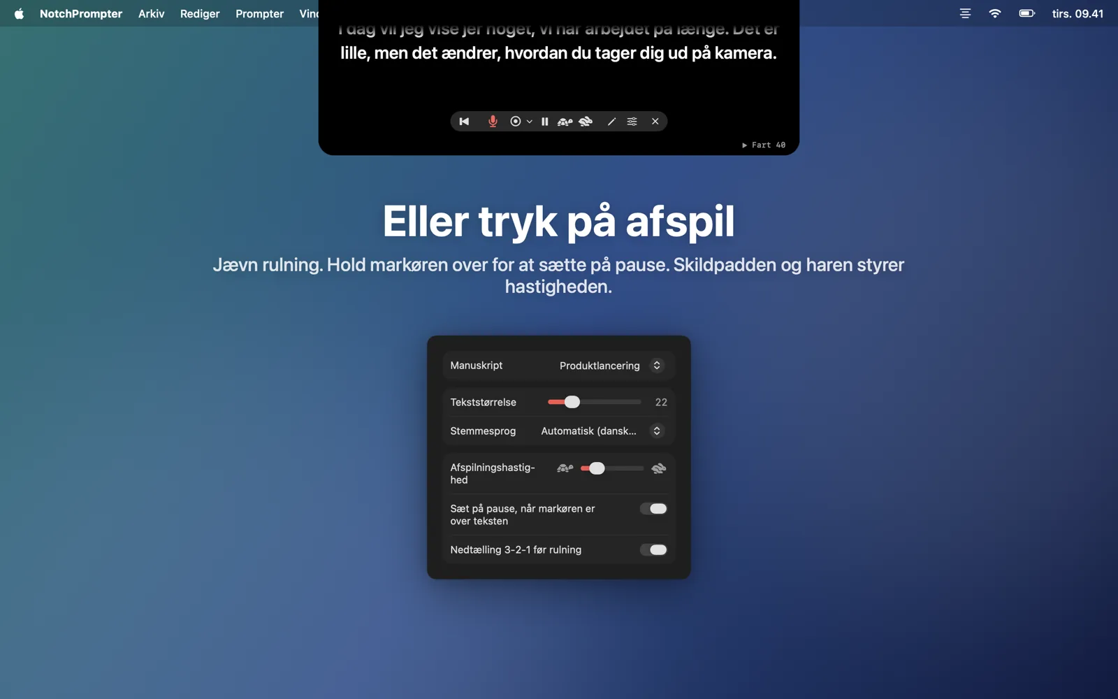 Afspilningstilstand med hastighedsknapper og indstillingsvinduet.