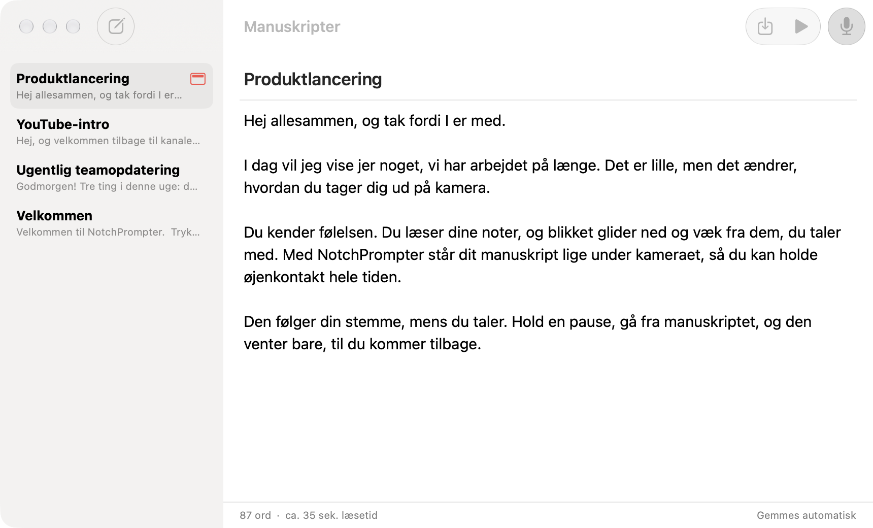 Redigeringsvinduet i NotchPrompter med en liste over manuskripter og teksten til et manuskript til en produktlancering.