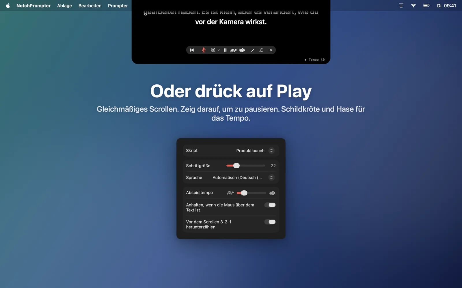 Der Abspielmodus mit Tempotasten und dem Einstellungs-Popover.
