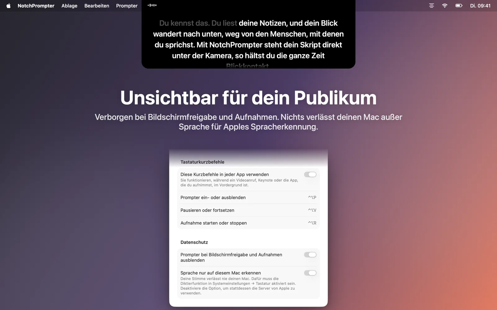 Die Einstellungen mit der Option, den Prompter bei Bildschirmfreigabe auszublenden.