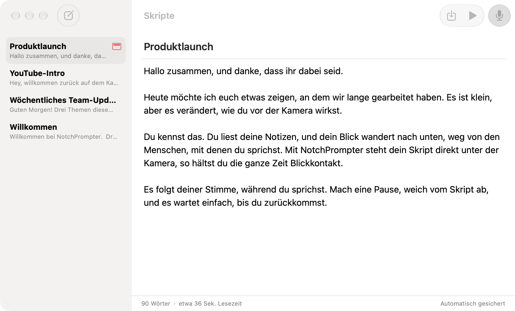 Der Skripteditor von NotchPrompter mit einer Liste von Skripten und dem Text eines Skripts für einen Produktlaunch.