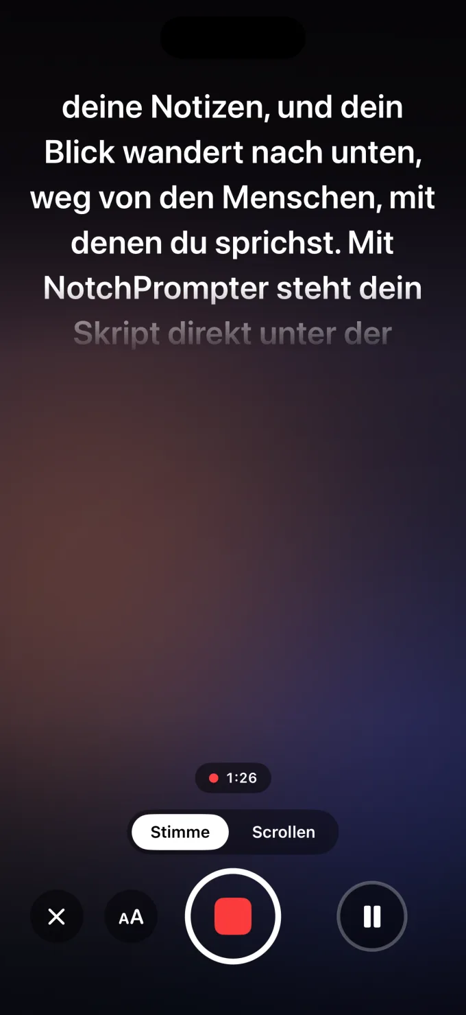 NotchPrompter auf einem iPhone: das Skript direkt unter der Frontkamera während der Aufnahme.