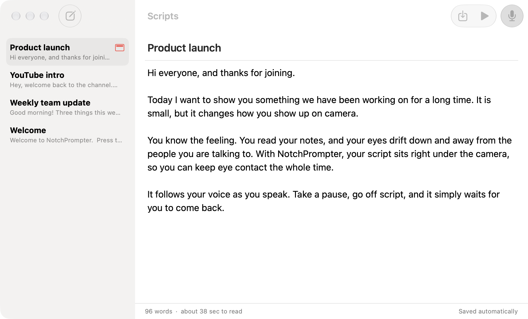 The NotchPrompter script editor with a list of scripts and the text of a product launch script.