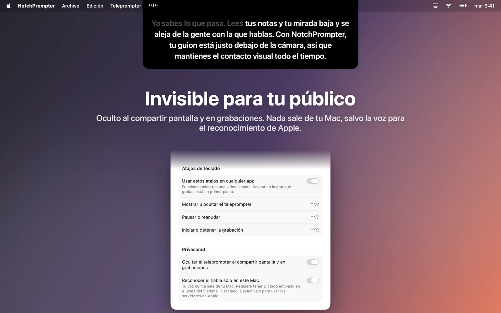 Los ajustes con la opción de ocultar el teleprompter al compartir pantalla.