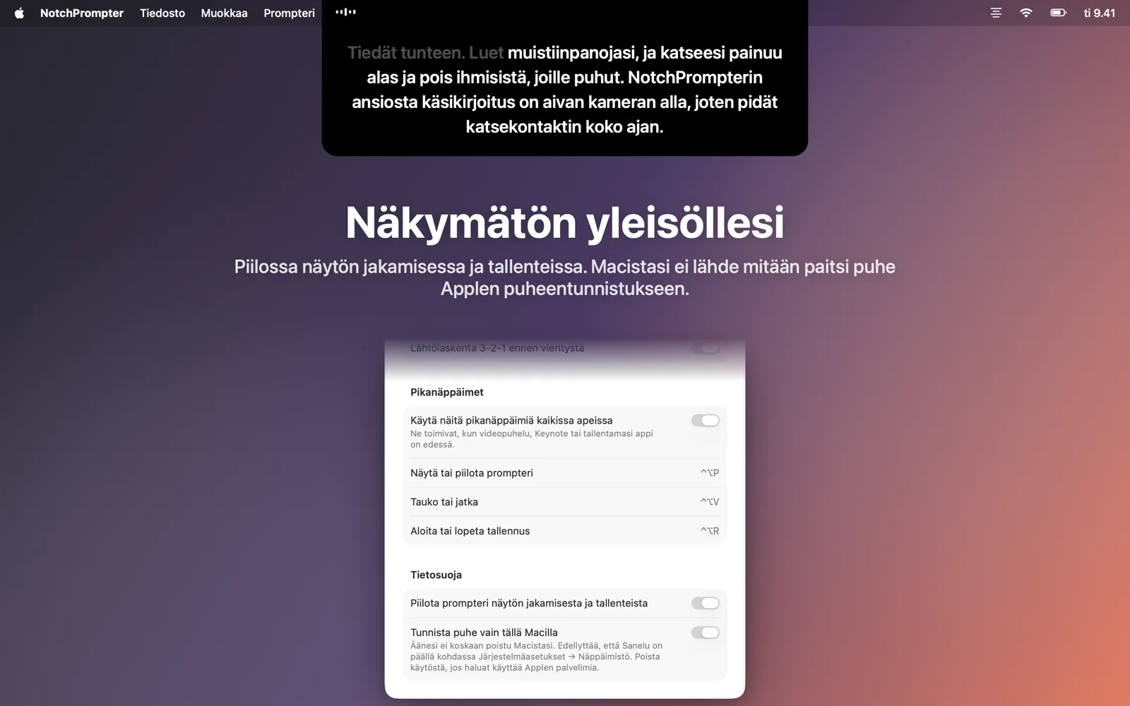 Asetukset, joissa on valinta prompterin piilottamiseksi näytön jakamisessa.