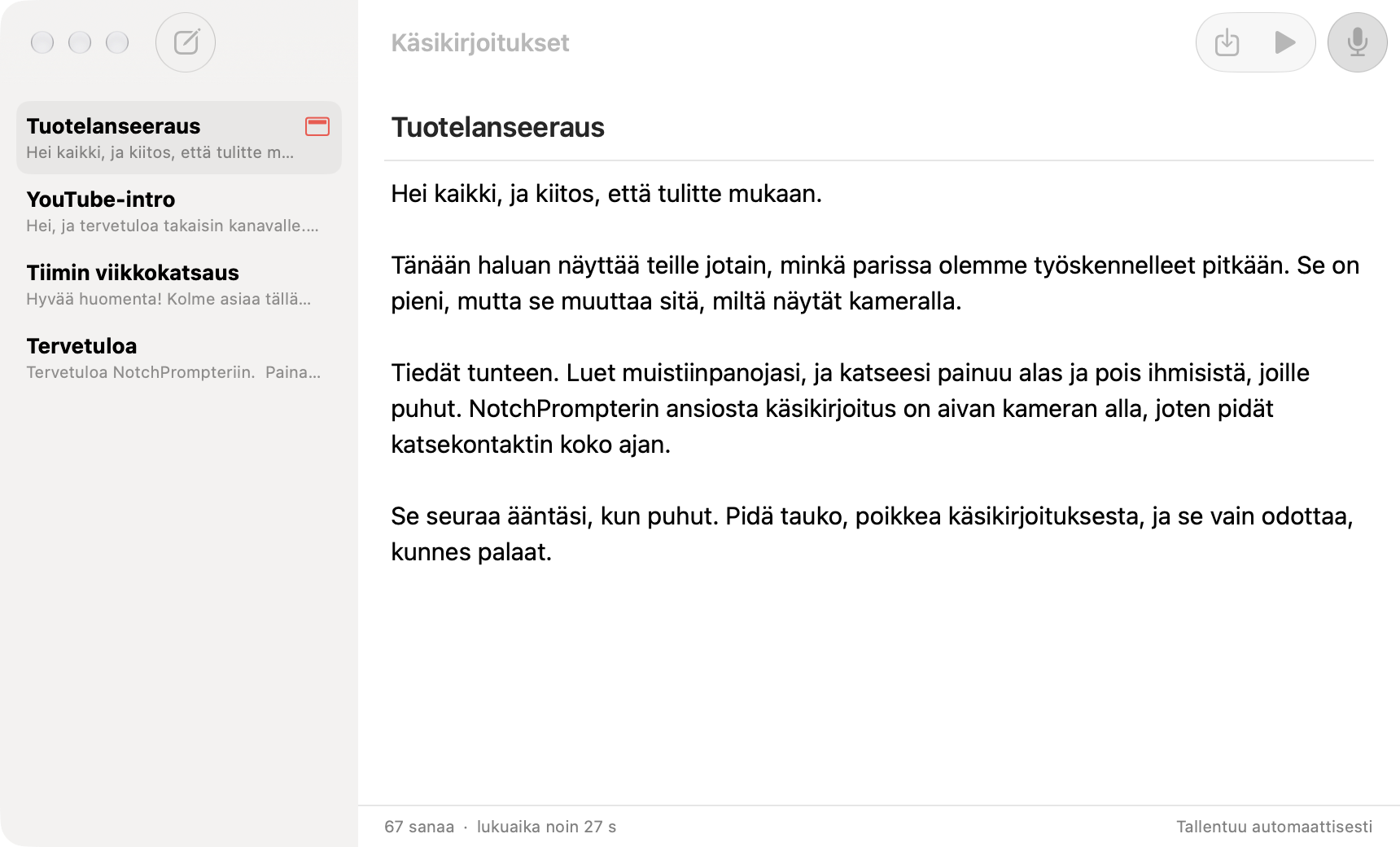 NotchPrompterin käsikirjoituseditori, jossa näkyy luettelo käsikirjoituksista ja tuotejulkistuksen käsikirjoituksen teksti.
