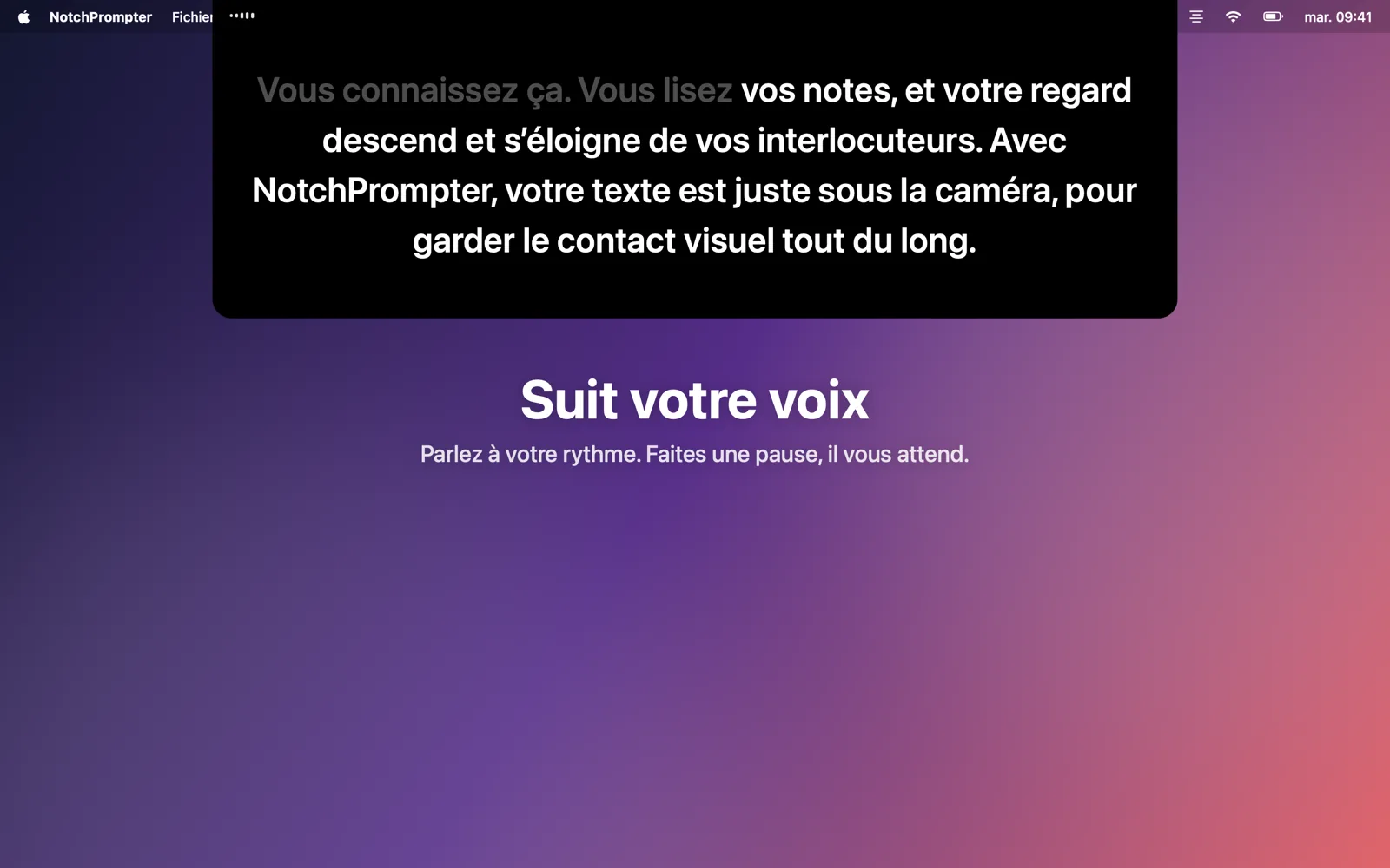 Le prompteur sous l’encoche, qui suit un texte lu à voix haute.