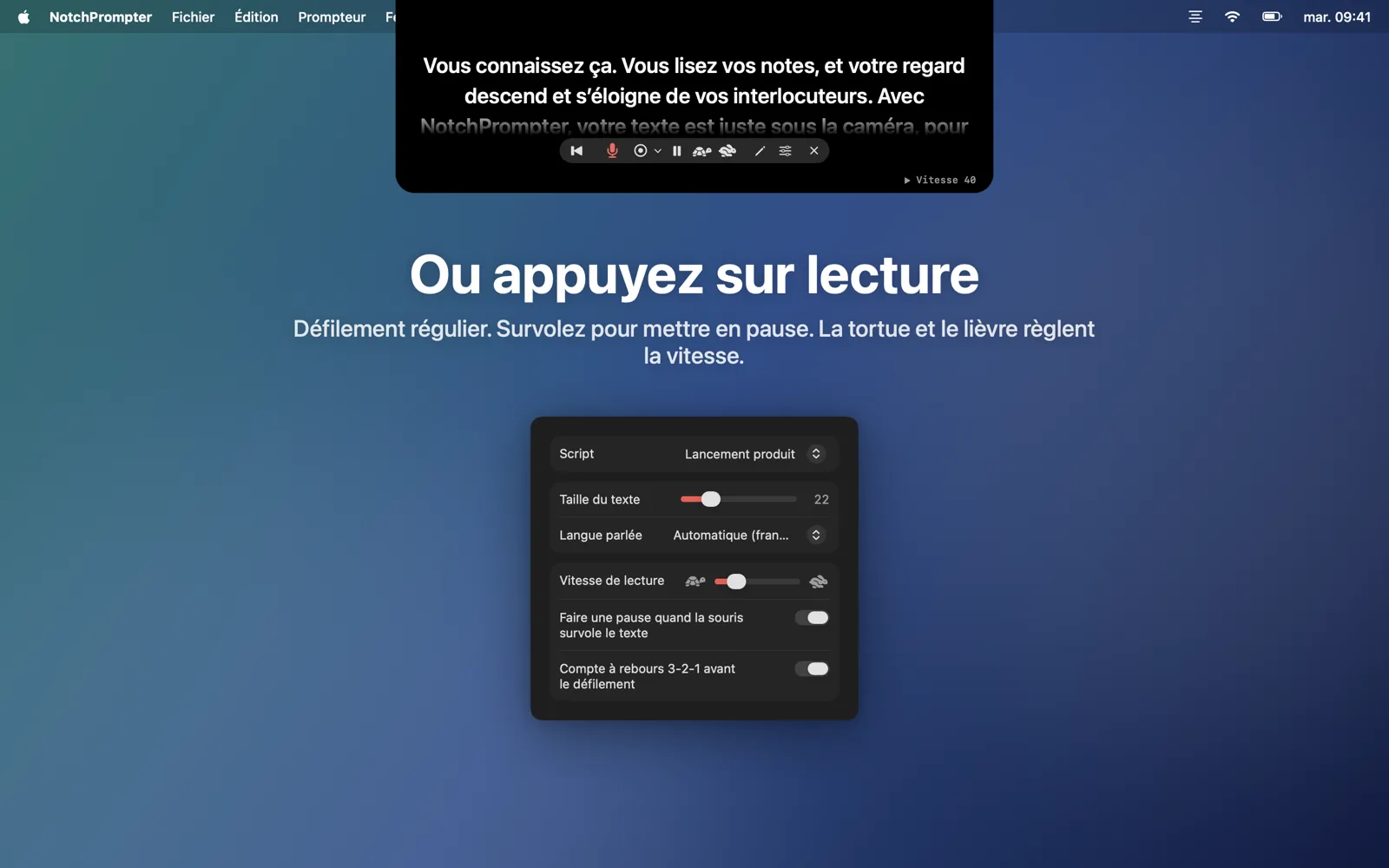 Le mode lecture avec les boutons de vitesse et la fenêtre des réglages.