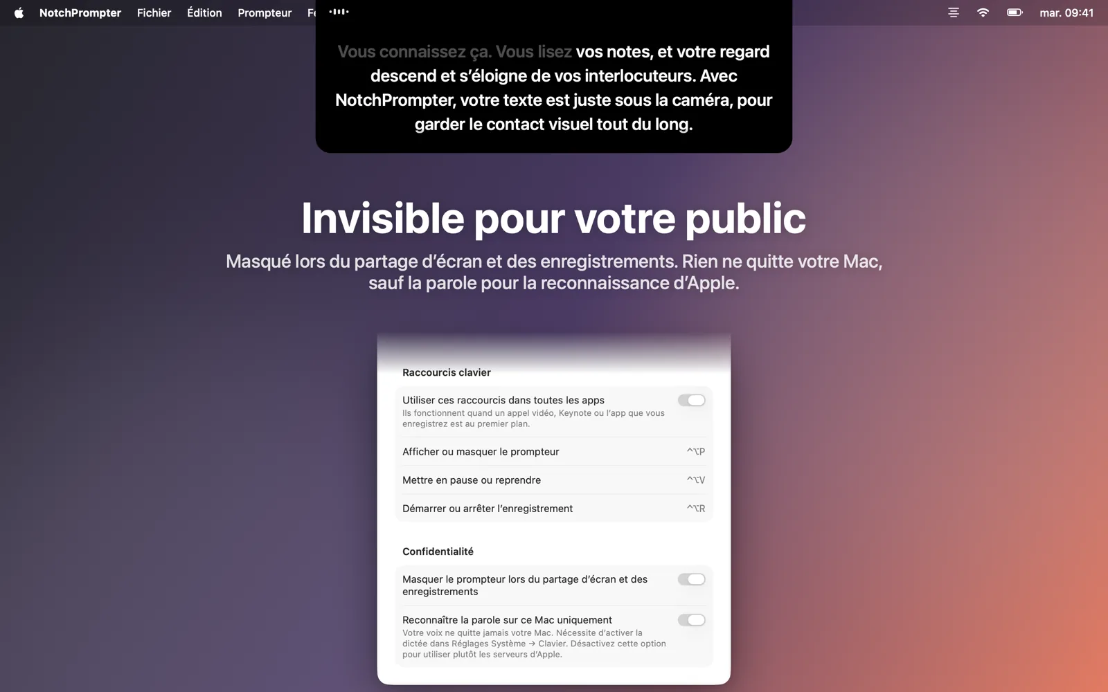 Les réglages avec l’option pour masquer le prompteur lors du partage d’écran.