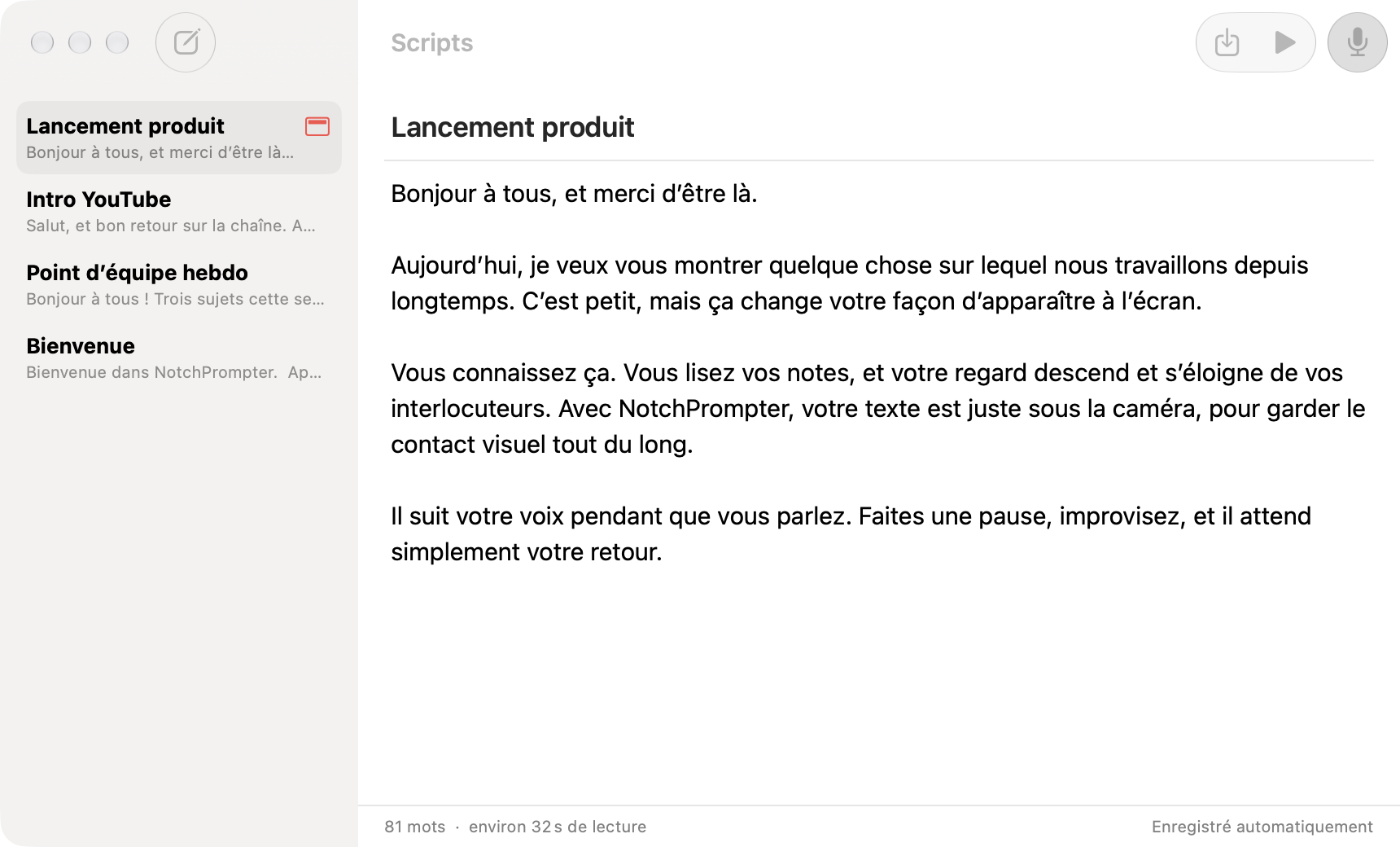 L’éditeur de textes de NotchPrompter avec une liste de textes et celui d’un lancement de produit.