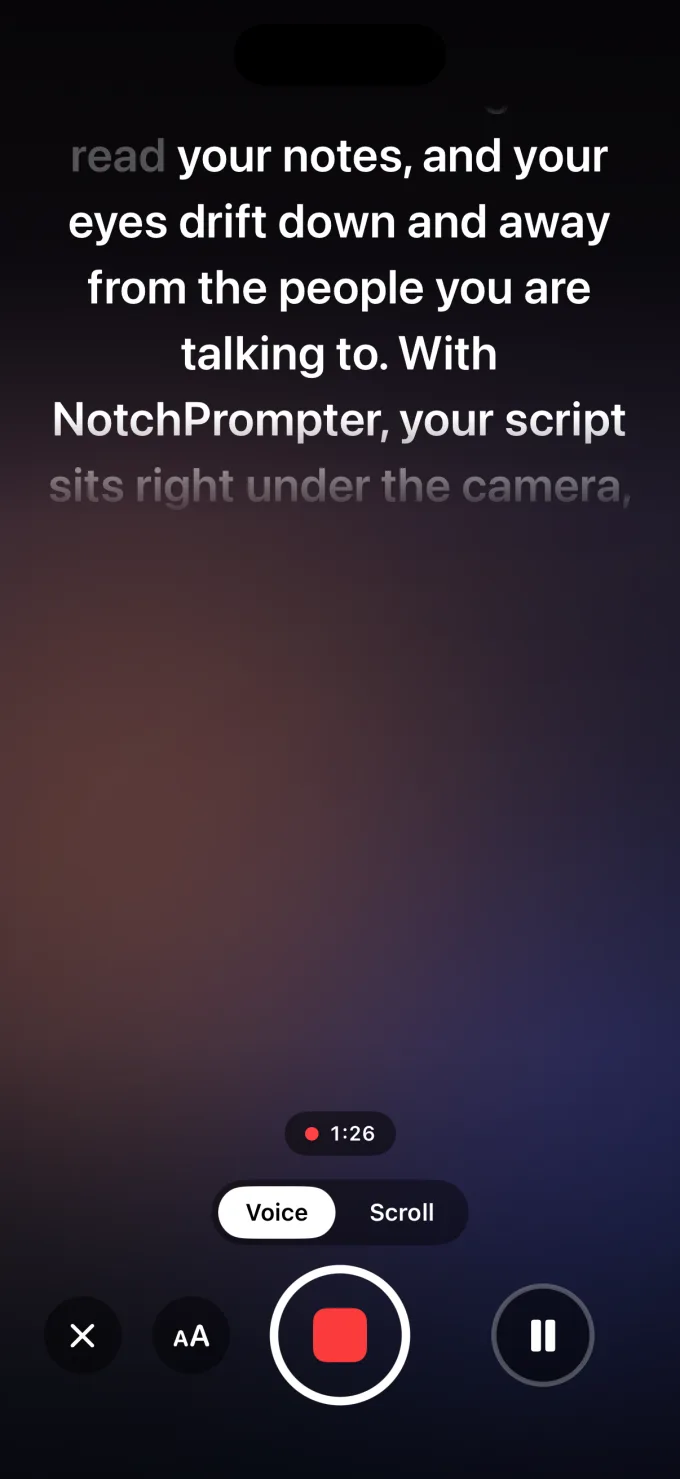 NotchPrompter on an iPhone: the script right under the front camera while it records.