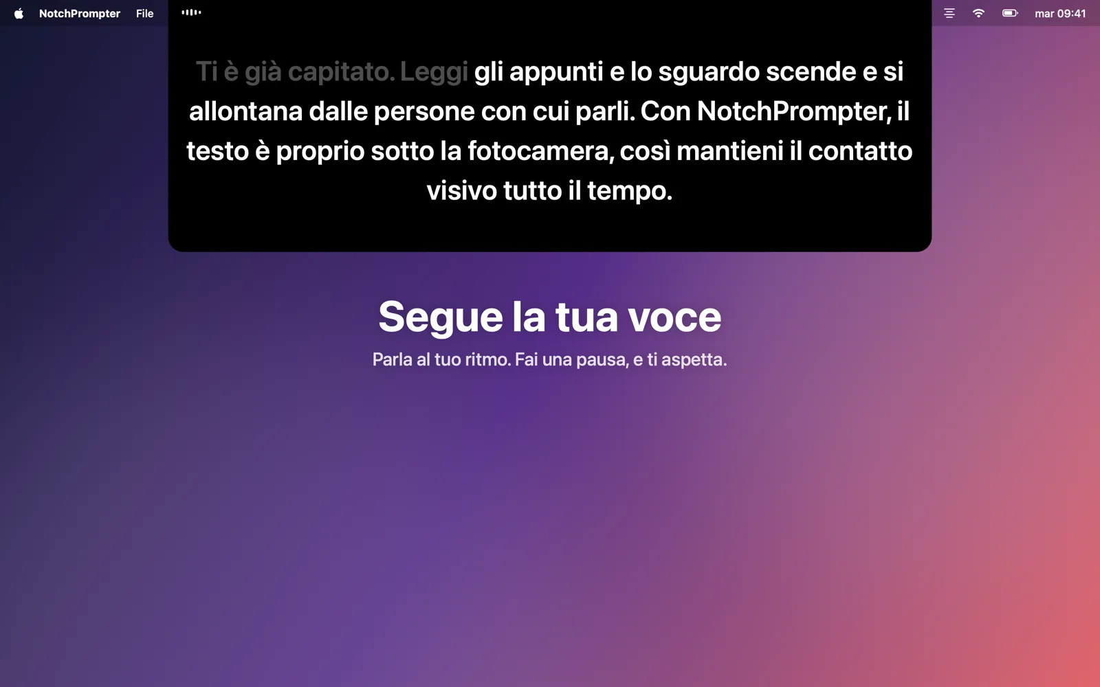 Il teleprompter sotto il notch, mentre segue un testo letto ad alta voce.