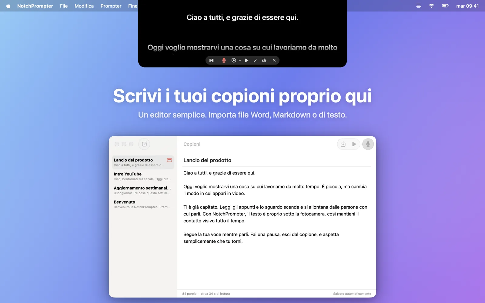 La finestra dell’editor sotto il teleprompter.