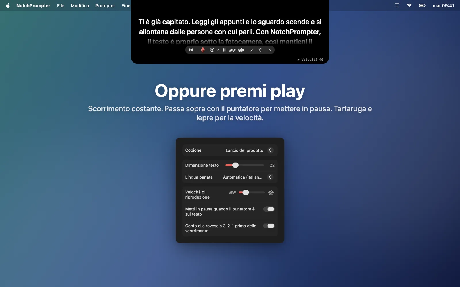 La modalità di riproduzione con i pulsanti della velocità e il menu delle impostazioni.