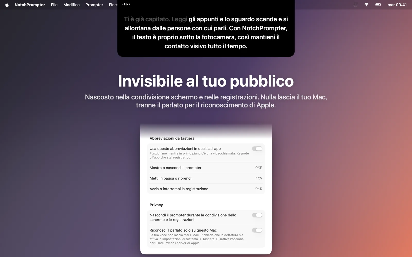 Le impostazioni con l’opzione per nascondere il teleprompter durante la condivisione schermo.