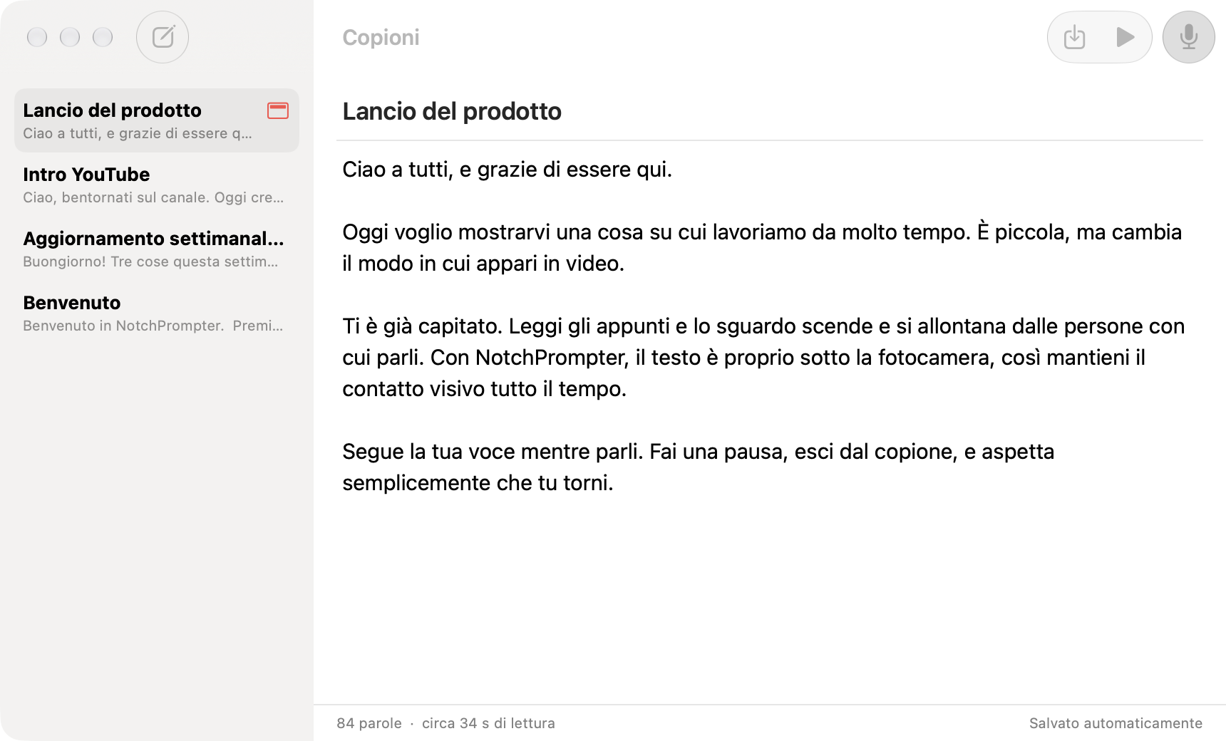 L’editor di NotchPrompter con un elenco di testi e il testo per il lancio di un prodotto.