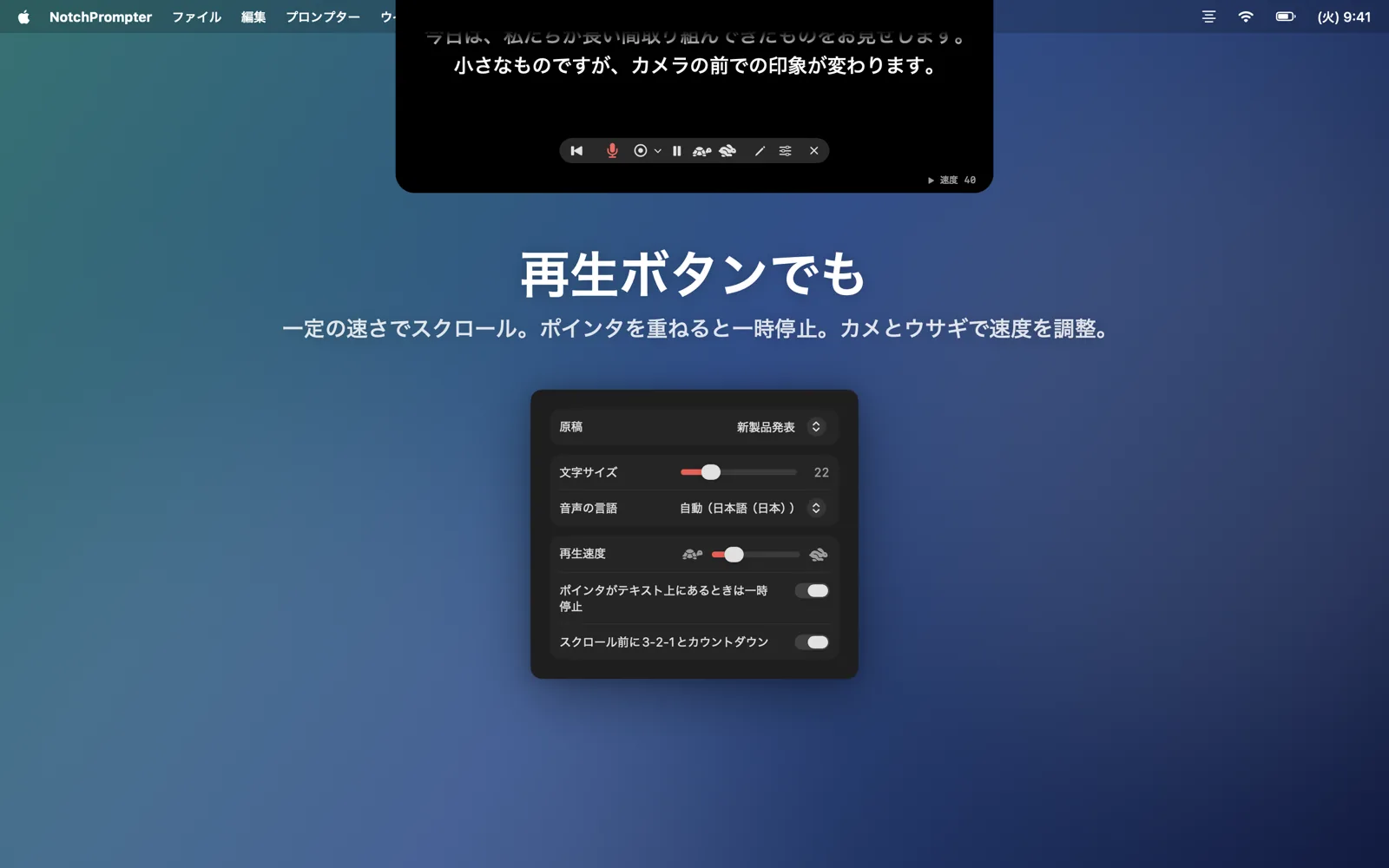 速度ボタンと設定ポップオーバーが表示された再生モード。