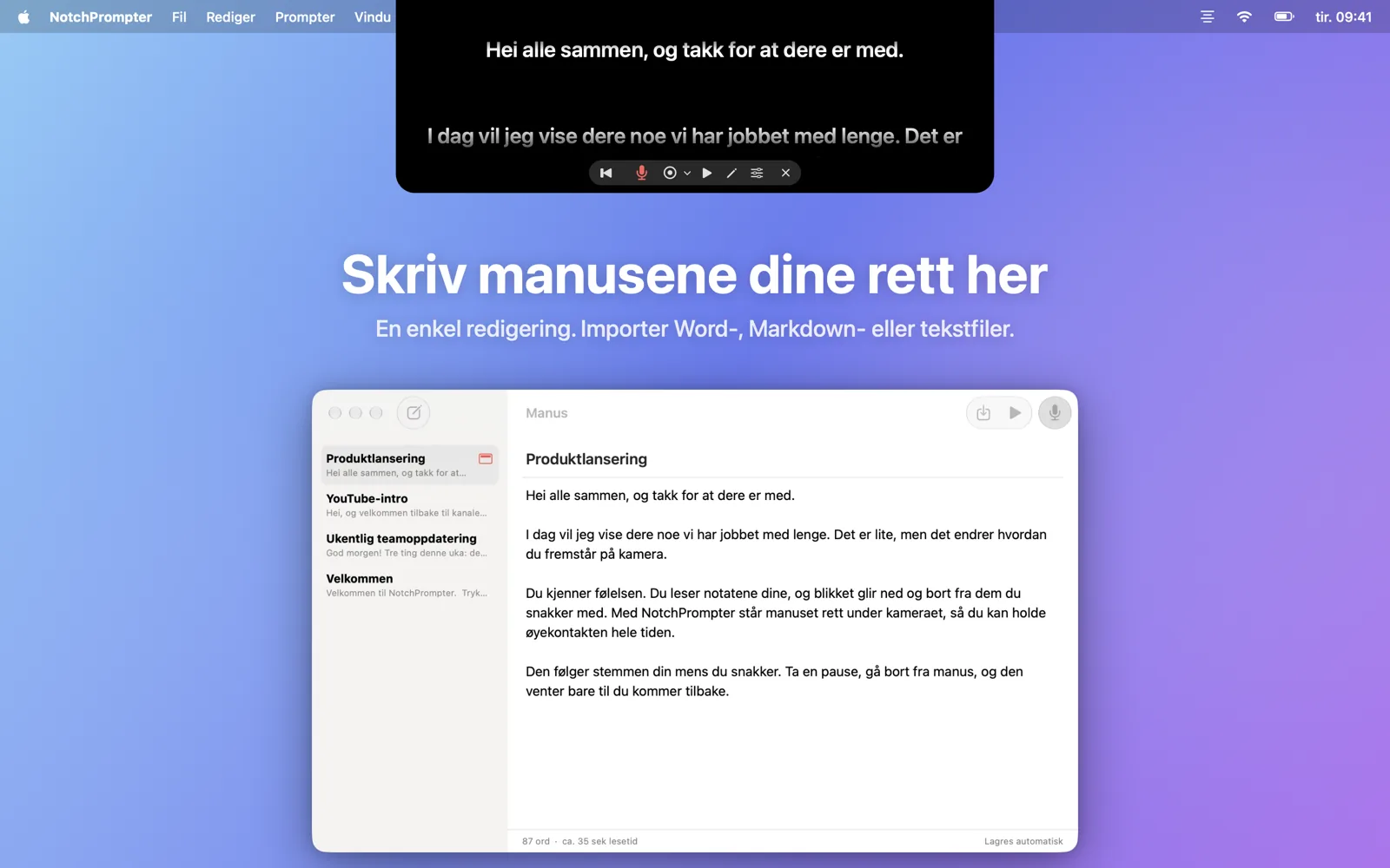 Redigeringsvinduet under prompteren.