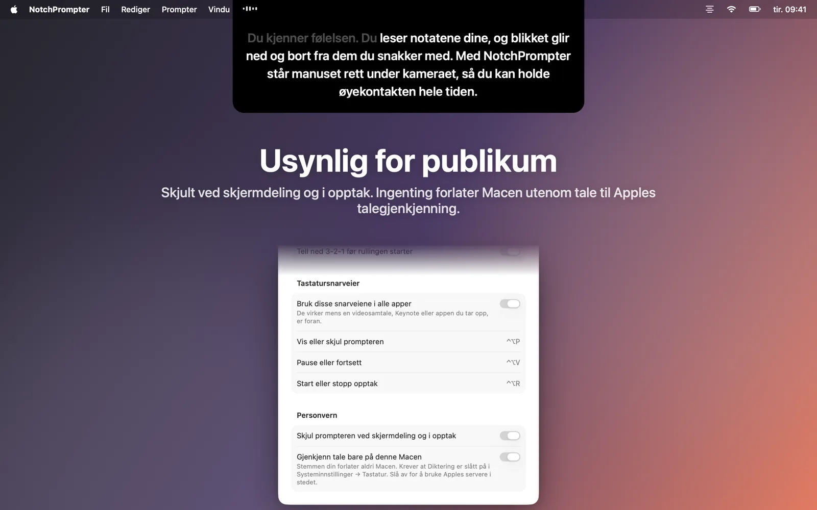 Innstillinger med valget om å skjule prompteren ved skjermdeling.