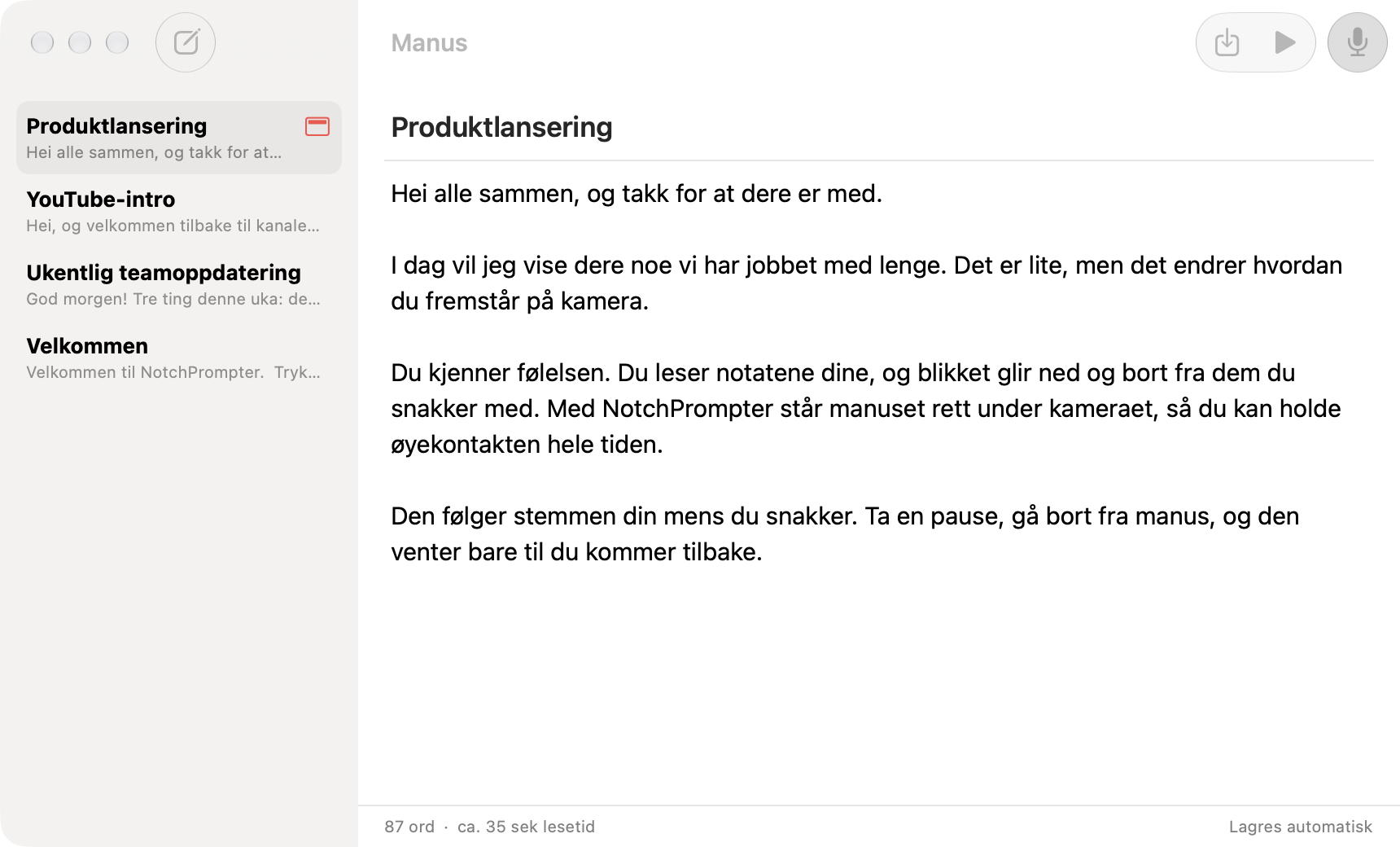 Redigeringsvinduet i NotchPrompter med en liste over manus og teksten til et manus for en produktlansering.