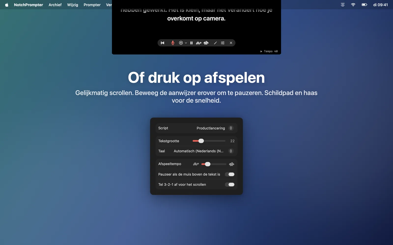 De afspeelmodus met snelheidsknoppen en de instellingenpopover.