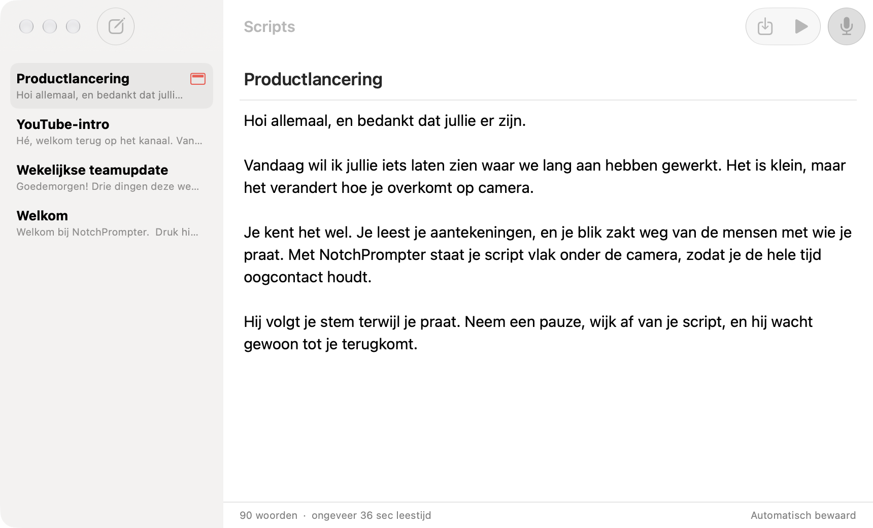 De scripteditor van NotchPrompter met een lijst met scripts en de tekst van een script voor een productlancering.
