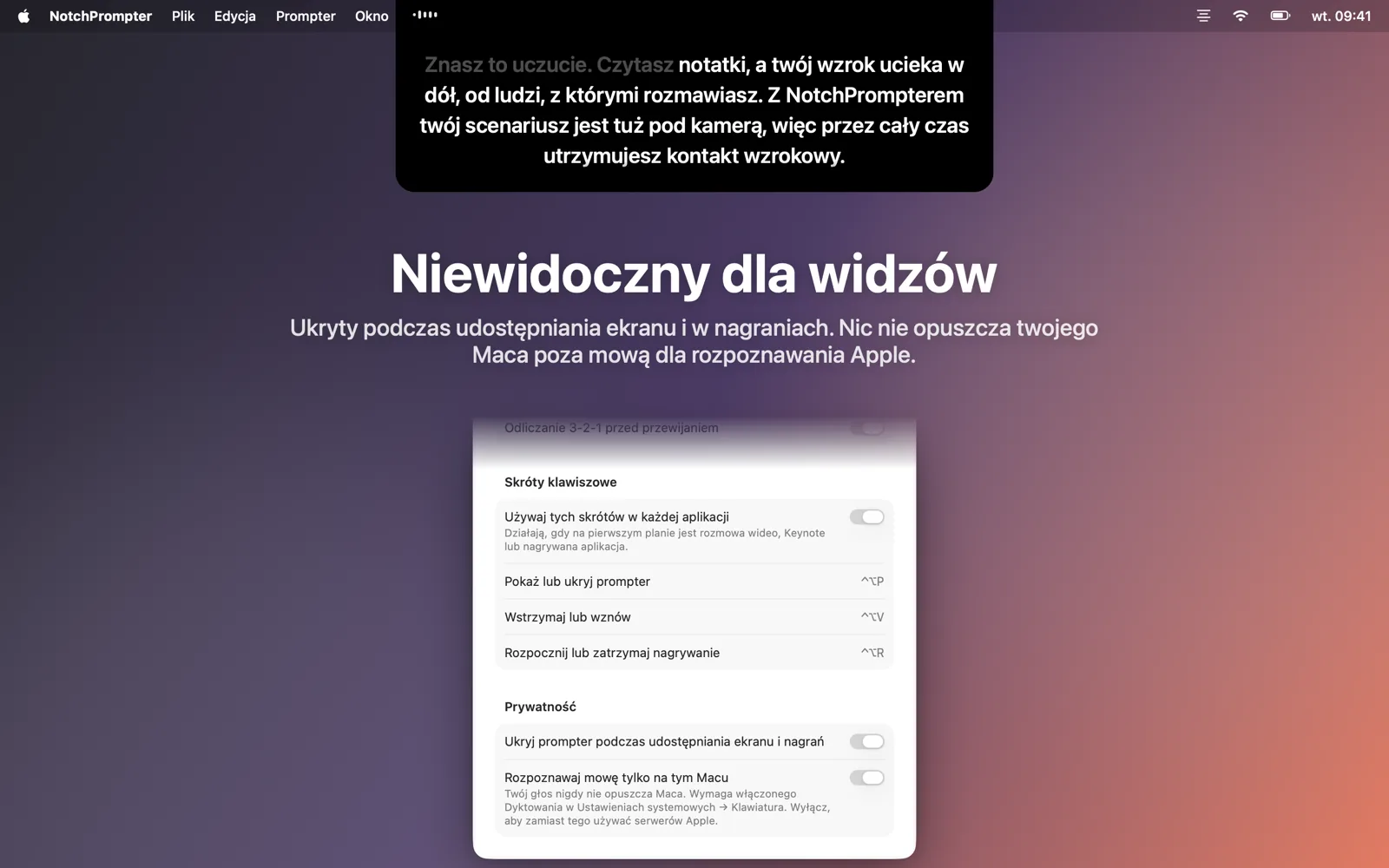 Ustawienia z opcją ukrycia promptera podczas udostępniania ekranu.