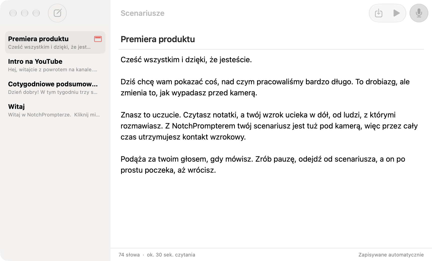 Edytor scenariuszy NotchPromptera z listą scenariuszy i tekstem scenariusza premiery produktu.