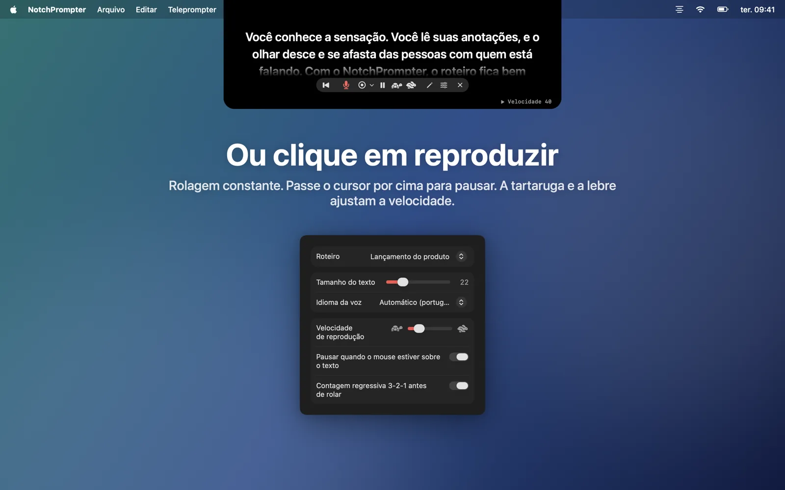 O modo de reprodução com os botões de velocidade e o menu de ajustes.