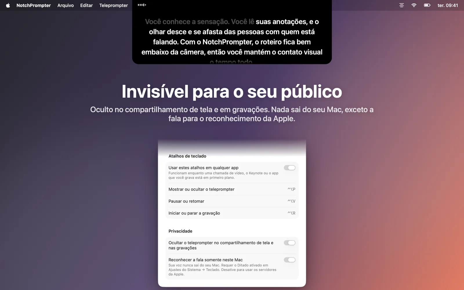 Os ajustes com a opção de ocultar o teleprompter no compartilhamento de tela.