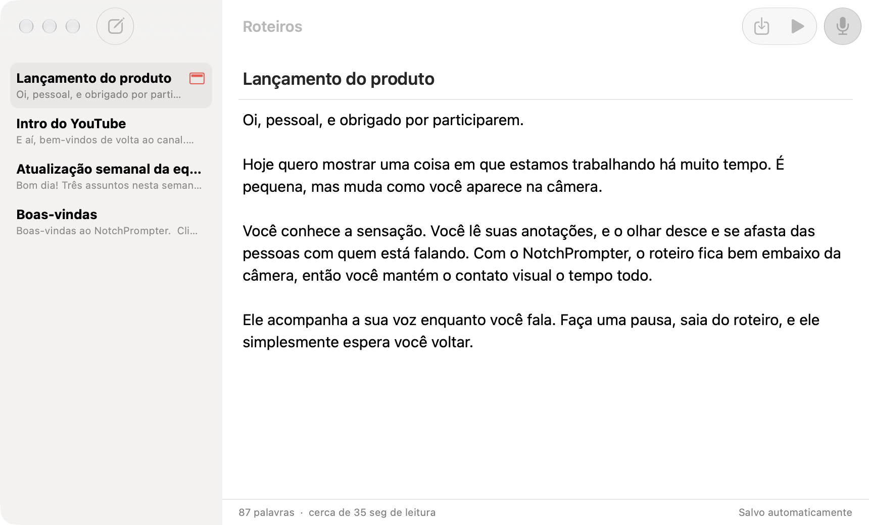 O editor de roteiros do NotchPrompter com uma lista de roteiros e o texto de um roteiro de lançamento de produto.