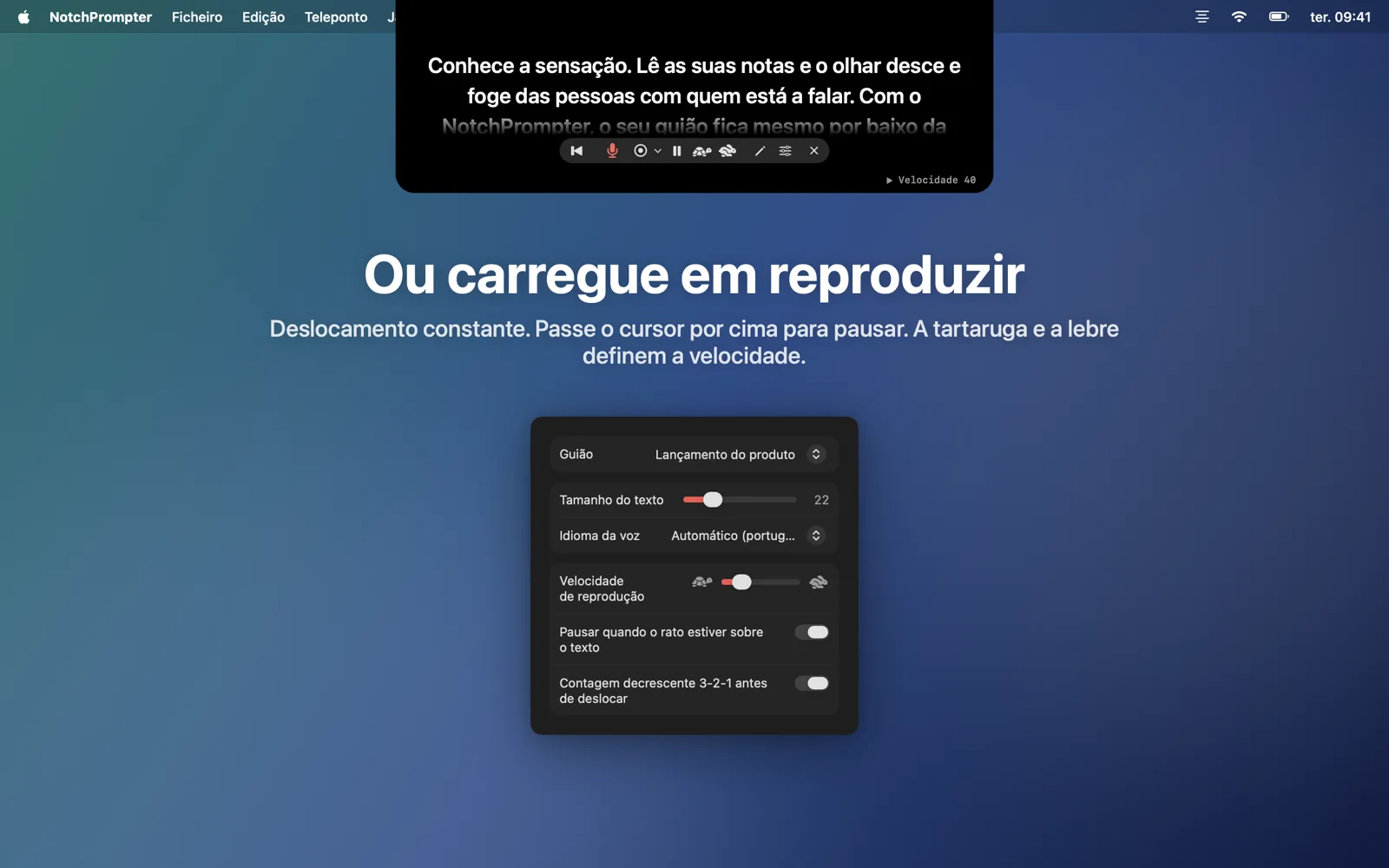 Modo de reprodução com botões de velocidade e o painel de definições.