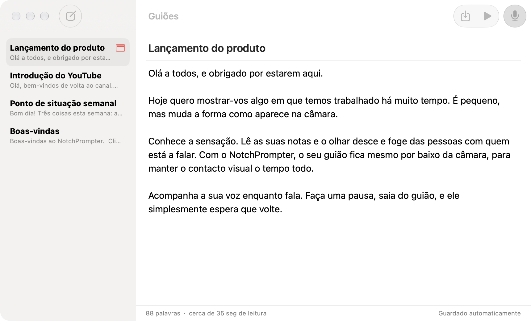 O editor de guiões do NotchPrompter, com uma lista de guiões e o texto de um guião para o lançamento de um produto.