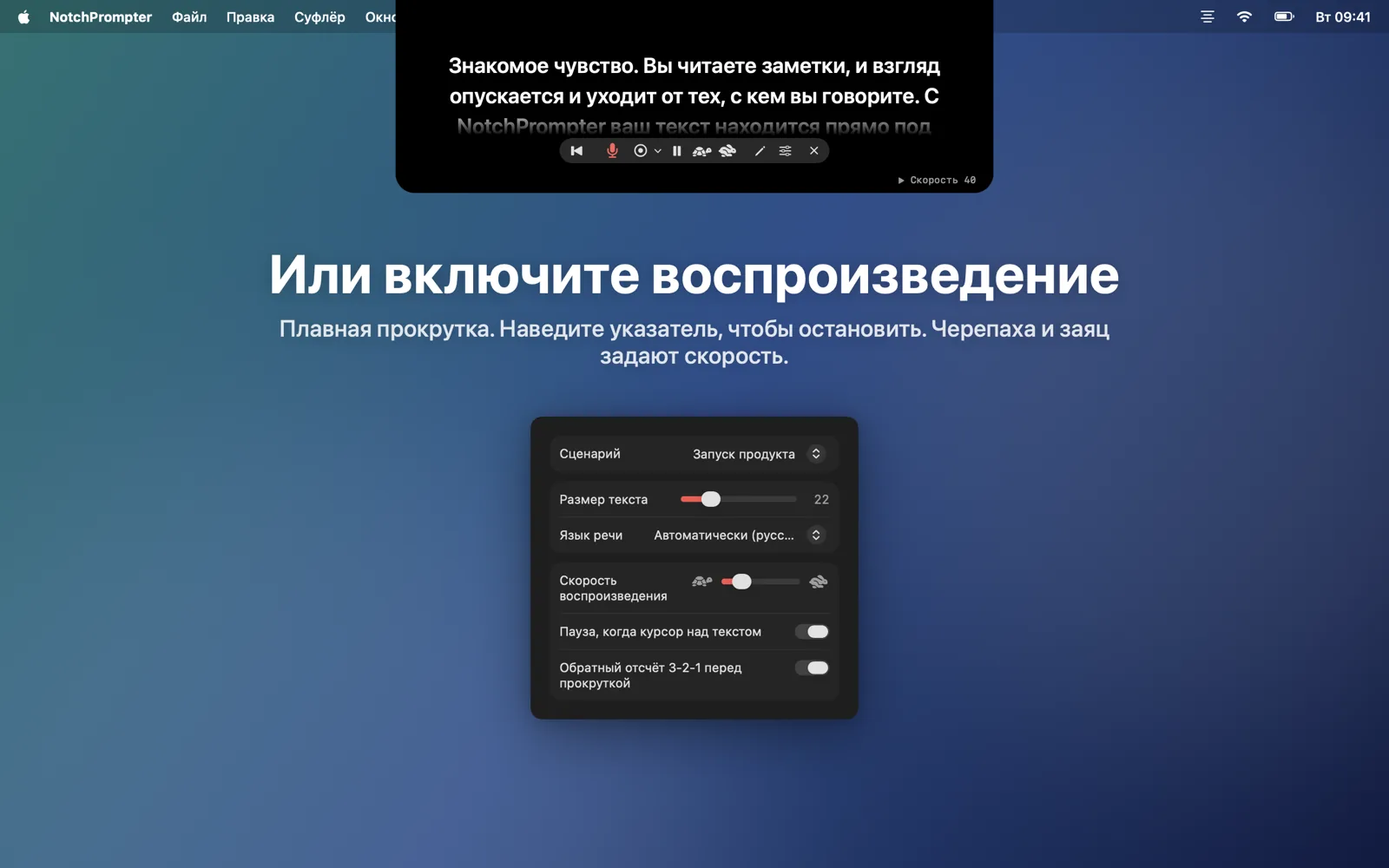 Режим воспроизведения с кнопками скорости и всплывающим окном настроек.