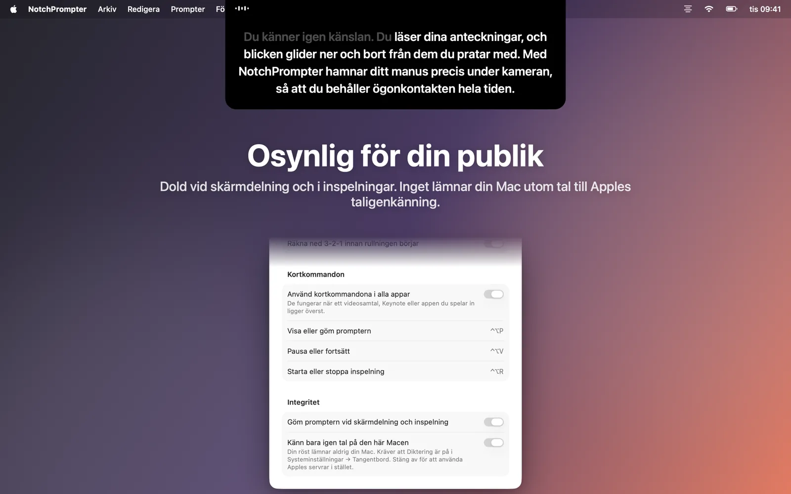 Inställningar med alternativet att dölja promptern vid skärmdelning.