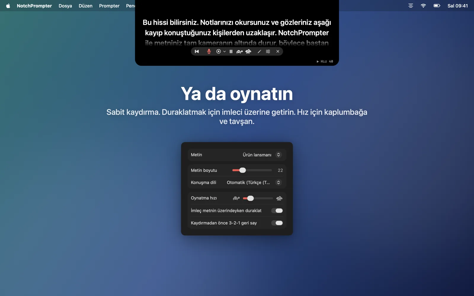 Hız düğmeleri ve ayarlar açılır penceresiyle oynatma modu.