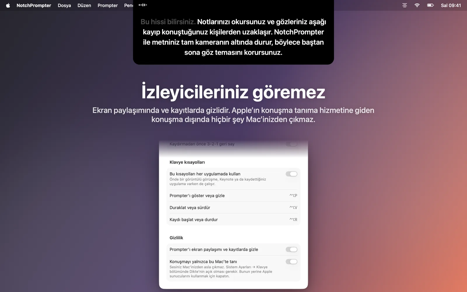 Prompter'ı ekran paylaşımından gizleme seçeneğiyle Ayarlar.