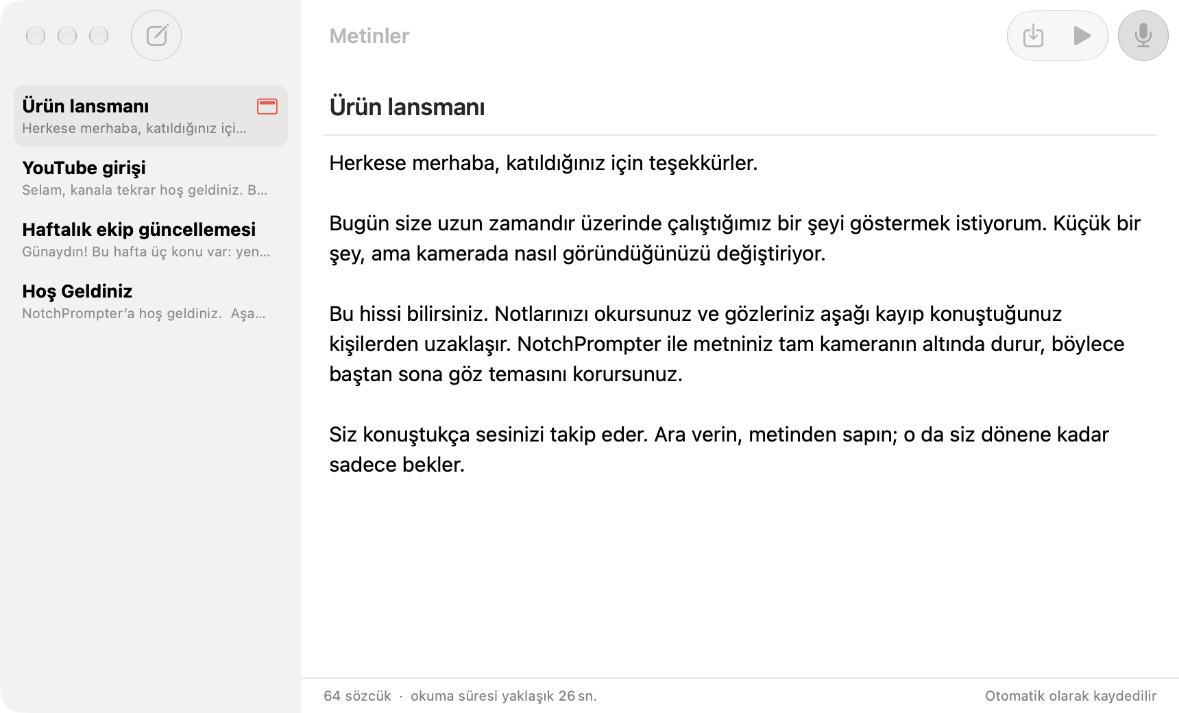 Metin listesi ve bir ürün lansmanı metniyle NotchPrompter metin düzenleyicisi.